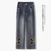 Pantalones Rectos Bordados Huecos Vintage para Mujer, Nuevo Estilo Verano 2026, Pantalones Cigarrillo Acortados de Cintura Alta Ajustados con Pedrería para Figuras Pequeñas