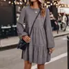 Vestido de Pastel en Capas de Pana Cuello Redondo Manga Larga Abullonada Holgado Cubre Imperfecciones Casual Vestido Corto para Mujer