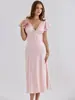 Vestido midi de gola V com mangas tipo sino para mulheres, acabamento em renda, laço no peito, cintura marcada, barra em cauda de peixe, vestido longo