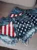 Jeans Europeos y Americanos Amazon Wish Sitio Independiente Transfronterizo Bandera Americana Borla Estrella Estampado Mezclilla Pantalones Cortos para Mujer