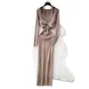 Elegante Vestido de Punto con Cuello en V para Mujer 2026 Otoño Adelgazante Manga Larga Estilo Perezoso Suave Falda Larga