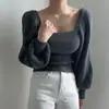 Ropa de punto retro cuadrada para mujer, tops japoneses y coreanos, nuevo color liso de otoño 2025, jersey de punto con manga abullonada para mujer
