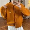 Cardigan de Tricô Bordado com Filhote Estilo Coreano para Mulheres Outono e Inverno Novo Solto e Versátil Jaqueta Suéter Slim Tendência