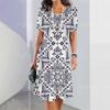Vestido de Verão Feminino Elegante Casual com Estampa Acolchoada, Gola Redonda, Manga Curta, Moda Feminina Plus Size