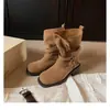 Versão em Couro, Aumento de Altura de 5,5cm~ Salto Grosso Maillard, Solado Grosso, Tira com Fivela, Botas Curtas de Salto Alto em Camurça de Vaca para Mulheres, Outono e Inverno