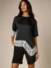 Bestseller transfronterizo europeo y americano, elegante camiseta de retazos de satén y encaje para mujer, corte holgado con mangas caídas y dobladillo irregular de encaje