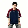 Camiseta de Manga Corta con Bloques de Color y Tres Rayas de Verano Unisex Moderna Estilo Americano Peso Pesado Holgada Moda Street Dance Top