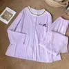 Pijama Estilo Coreano para Mulheres, Cardigan de Renda Casual com Gola Redonda, Mangas Longas e Calça, Conjunto Estilo Girly, Conjunto de Algodão para Casa