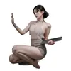 Vestido uniforme bodycon transparente de cuello halter con cinta talla grande, conjunto de lencería sexy tentador de deseo puro, secretaria femenina tentación qqny