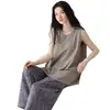 Artículos Populares en Stock para Transmisión en Vivo (con copas) Pijama de Algodón para Mujer, Camiseta sin Mangas de Verano, Manga Corta, Pantalones Largos, Envío Directo (Dropshipping)