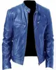 Jaqueta de Couro Masculina Quente de Inverno com Fechamento em Zíper e Decoração de Bolso, Couro PU, Gola Alta, Jaqueta de Couro Slim Fit P55