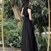 Vestido Elegante Negro de Tirantes al Cuello sin Mangas para Mujer, Nuevo Estilo Francés Verano 2025 Elegante Vestido Largo con Abertura y Ceñido a la Cintura