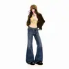 Calça jeans flare vintage, cintura baixa, desgastada, com caimento relaxado, calça azul vintage comprida, comprimento estendido, com acabamento em pele de coelho