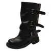 Botas largas de estilo coreano con hebilla para mujer, nueva colección otoño/invierno 2026, efecto adelgazante, tacón bajo, punta redonda, marrón, estilo británico