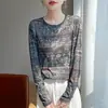 Suéter de tricô fino para mulheres, top que rejuvenesce, pulôver casual de manga comprida, novo estilo estampado redondo da moda para primavera-verão