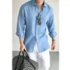 Camisa de manga larga con cuello para hombre, corte holgado, transfronteriza, imitación algodón-lino, color liso, estilo americano casual, camisa relajada de manga larga para hombre
