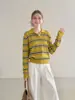 Suéter de tricô listrado com gola polo estilo francês retrô de manga comprida para mulheres, suéter casual slim fit extremamente estiloso para o outono