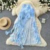 Saia Midi Irregular Estilo Coreano Tie-Dye com Babados Linha A Feminina Verão Cintura Alta Emagrecedora Temperamento Saia Midi para o Trabalho