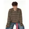 Suéter Retro Americano de Rayas y Bloques de Color con Cuello Redondo para Hombres y Mujeres Otoño Marca de Moda Cardigan Perezoso Holgado Ajuste Relajado Ropa de Abrigo