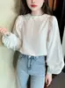 Camisa blanca holgada de estilo francés con mangas abullonadas para mujer, elegante, chic, diseño dulce, top de cuello redondo, estiliza y versátil
