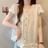 Camisa con Lazada Estilo Coreano Dulce Juvenil de Manga con Volantes Talla Grande para Mujer Verano 2025 Top de Manga Corta con Volantes para Mujer