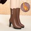 Botas de Moda de Invierno Altura Pequeña Adelgazantes Forradas de Felpa Piel Gruesa Cuero Suave Para Personas de Mediana Edad Conveniente Cremallera Lateral Botas de Cuero con Pedrería
