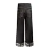 Calça jeans masculina da moda estilo americano com bainha dobrada, casual com bolso traseiro e design de rebite, calça reta de perna larga solta única