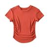 23015-25 Primavera Novo Estilo Estilo Europeu e Americano Pura Luxúria Gola Redonda Pequena Plissada Design de Bainha Curva Camiseta de Manga Curta