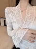 Top de manga longa com patchwork de renda e tule estilo francês retrô, perfeito para o início do outono, sem sutiã embutido, mangas sino e um visual chique e feminino.