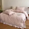 Juego de Cuatro Piezas de Algodón y Lino con Volantes Corazón Francés Clase A Estilo Ins Coreano Disponible en las Cuatro Estaciones Transpirable Ropa de Cama para Habitación Femenina