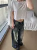 Jeans Retro Americano Lavado con Nudo de Bambú Pierna Curva para Mujer Otoño Nuevo Holgado Cintura Alta Adelgazantes Pierna Ancha Pantalones Largos hasta el Suelo Modernos