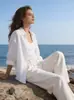 Cross2026 Camisa Casual de Color Sólido Nueva para Primavera y Otoño Camisa de Algodón y Lino Elegante de Manga Larga con Botones para Mujer Europea y Americana