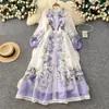 Vestido Floral Retro Francés para Mujer Principios de Primavera Manga Larga Ajustado Línea A Largo Vestido Romántico Estilo Vacaciones