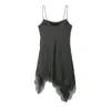 Vestido Corto Sexy Estilo Lencería de Encaje Europeo y Americano con Tirantes Finos y Cintura Fruncida Delgado