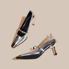 Zapatos elegantes de tacón alto para mujer, primavera y otoño 2025, nuevos zapatos de tacón de aguja puntiagudos metálicos con charol y boca baja.