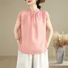 Fotos No Reales Verano 2026 Nuevo Estilo Camisa de Lino Manga Corta Holgada Adelgazante Casual Pulóver para Mujer