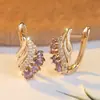 Pendientes de Moda de Gama Alta Personalizados, Pendientes de Gota de Agua Dorados Electroplateados Populares Transfronterizos, Diamante Morado y Diamante Blanco Microincrustados