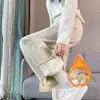 Calças Grossas de Pierna Larga com Forro de Lã Plus Size para Mulheres, Calças de Lã Retas com Fenda para Outono e Inverno, Calças Banana Estreitas Casuais
