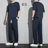 Traje casual deportivo con tela de seda de hielo plisada, conjunto de verano para hombre de manga corta fina y pantalón largo, elegante y guapo