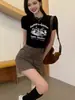 Camiseta de Hombro Manga Corta Retro Estilo Americano para Mujer Ins Verano 2024 Nuevo Nicho Spice Girls Ajustada Ajustada Top Corto