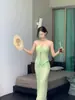 Traje de Baño Estilo Tailandés para Mujer, Vestido Largo Caliente de Playa y Isla, Vacaciones Sexy Delgado Encaje Chica Caliente Deseo Puro Escote Halter Conjunto de Tres Piezas
