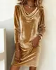 Vestido de Terciopelo de Venta Caliente Transfronterizo 2026 para Mujer, Otoño e Invierno, Elegante Cuello Drapeado, Corte Ajustado, Favorecedor, Elegante Vestido de Terciopelo de Longitud Media