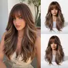 Nueva tecnología de peluca simulada de cuero cabelludo grande para mujer, postizo completo con raya, voluminoso de forma natural, cabello largo rizado castaño con mechas, venta al por mayor de fábrica