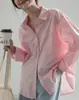 Camisa lisa de color rosa de alta gama, sofisticada y sin esfuerzo chic para mujer, perfecta como prenda exterior de otoño, con un estilo de cárdigan de corte holgado y mangas largas.