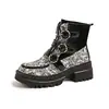 Botines de moto de tobillo para mujer, talla grande, estilo vintage, patchwork de cachemir, suela gruesa, hebilla metálica, botas punk Martin de aumento de altura, venta al por mayor
