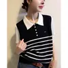 Tricô de Manga Curta com Gola Polo Listrada Color Block de Alta Qualidade para Mulheres, Moda Nova de Início de Primavera 2026
