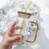 Copo Quadrado Colorido Transfronteiriço com Alça para Uso Doméstico Criativo Copo com Canudo de Sucção Copo para Milk Tea Grande Capacidade Copo de Vidro para Bebidas Geladas