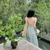 Vestido Largo Verde Exquisito de Cuello Halter Estilo Francés para Mujer, Vacaciones de Verano en la Playa Pura Deseo Sexy Espalda Descubierta