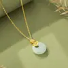 Colar Original Design Folha de Ginkgo Jade Hetian para Mulheres, Prata Pura, Pingente Artístico Retrô Novo Estilo Chinês, Corrente Clavícula Pequena Fortuna