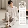 Pijama Masculino de Primavera e Outono, Lã Constante Quente, Cardigã de Manga Longa para Outono e Inverno, DeRong, Jovens, Estilo Pequeno Francês, Conjunto para Casa